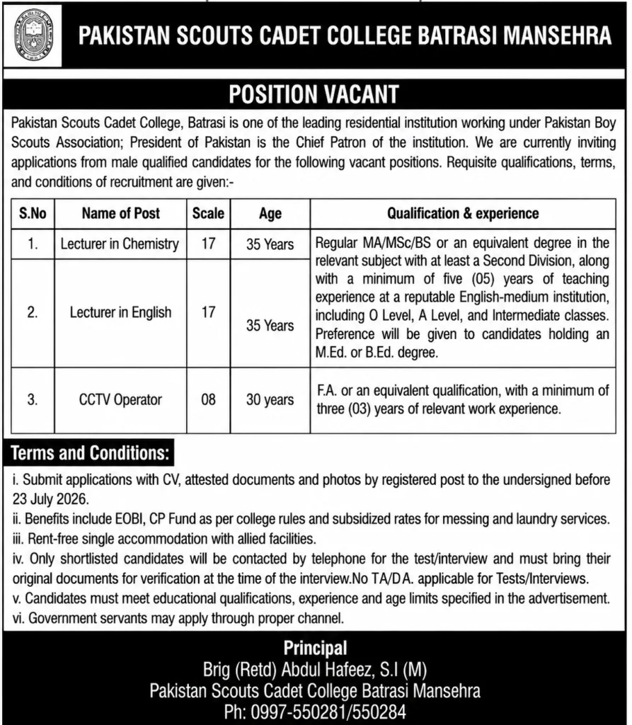 cadet college jhelum jobs