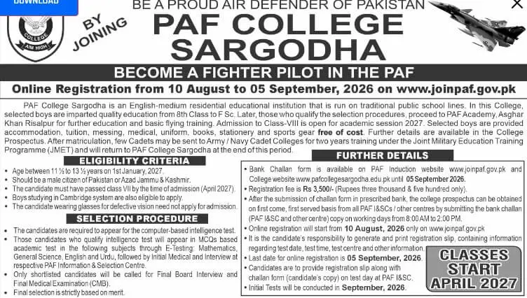 Paf College Sargodha Admission 2027