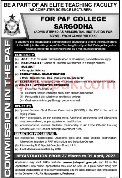 Paf College Sargodha Teaching Jobs